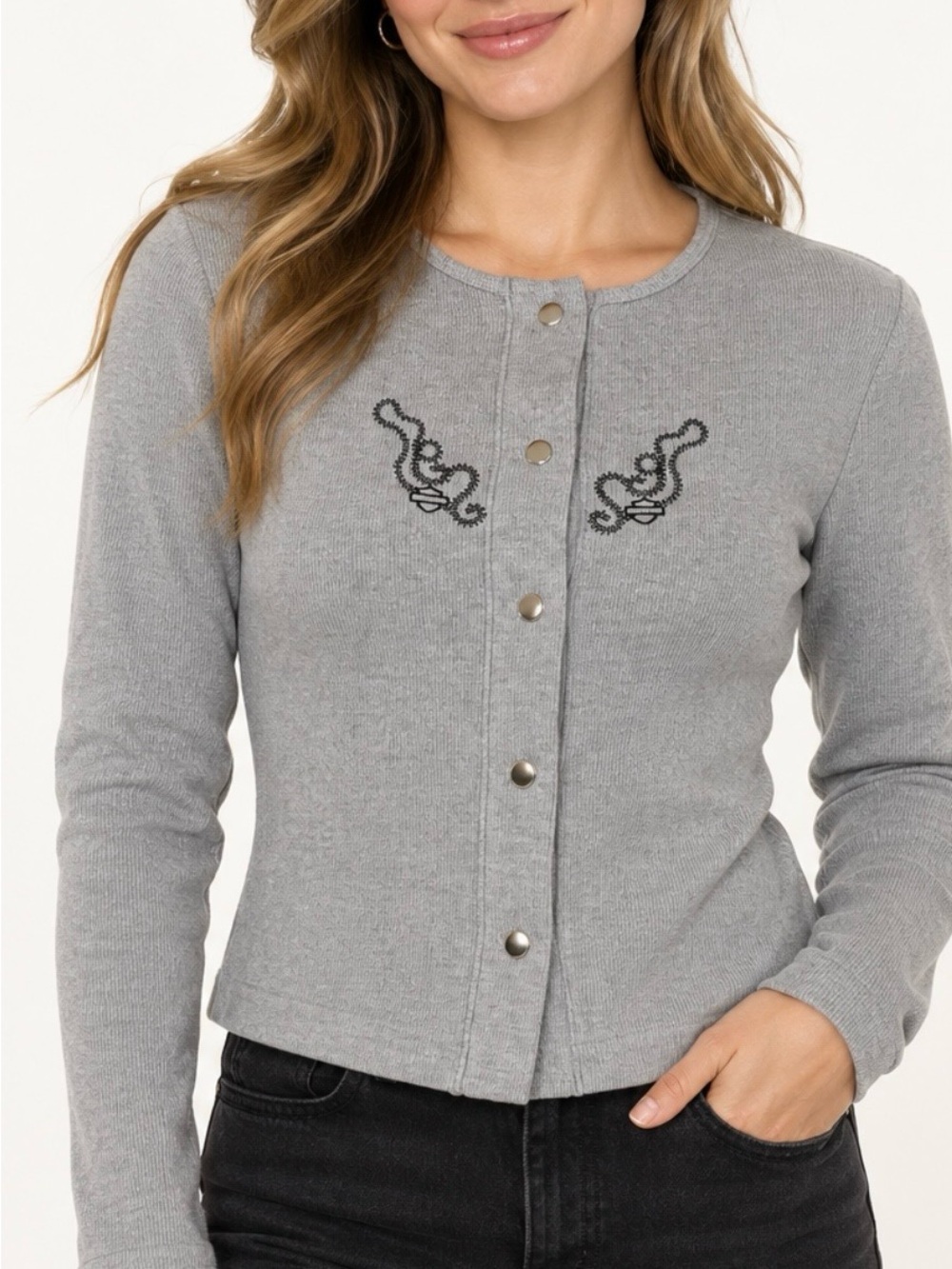 Vintage Women’s Harley Davidson Gray Ribbed Snap Cardigan House Harley Oceanside